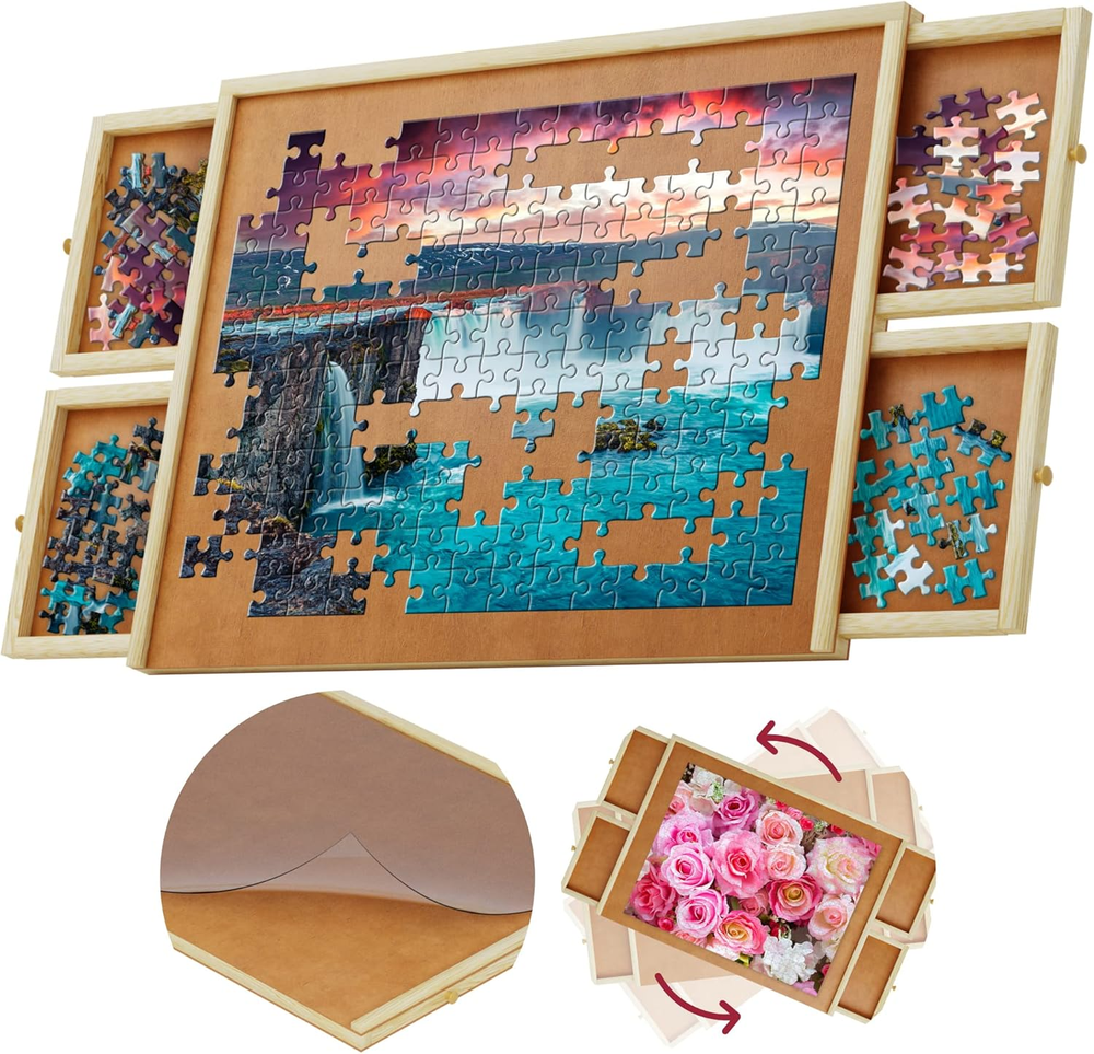 1000 Piece Wooden Jigsaw Puzzle Board - 4 Drawers, Rotating Puzzle Table | 30” X