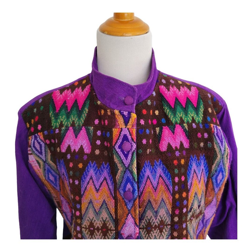 Vintage Handwoven Cropped Jacket Tapestry Cotton Purple Guatemala Women Medium