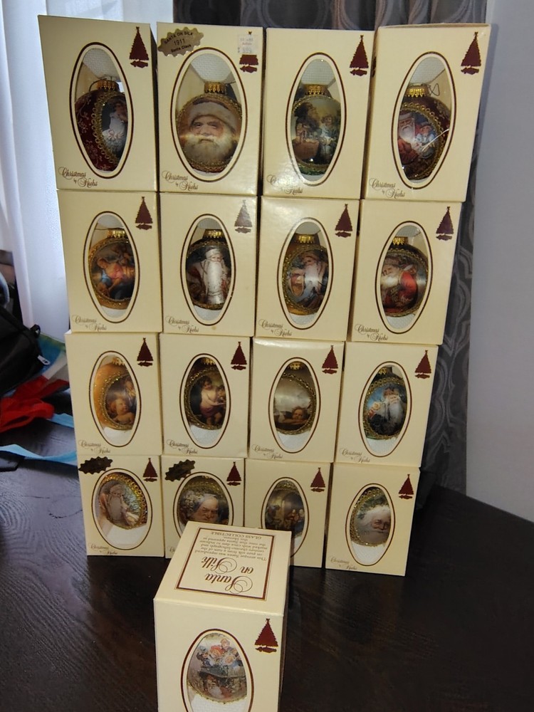 RARE Vintage Christmas By Krebs Santa on Silk set of 17 Glass Christmas Ornament