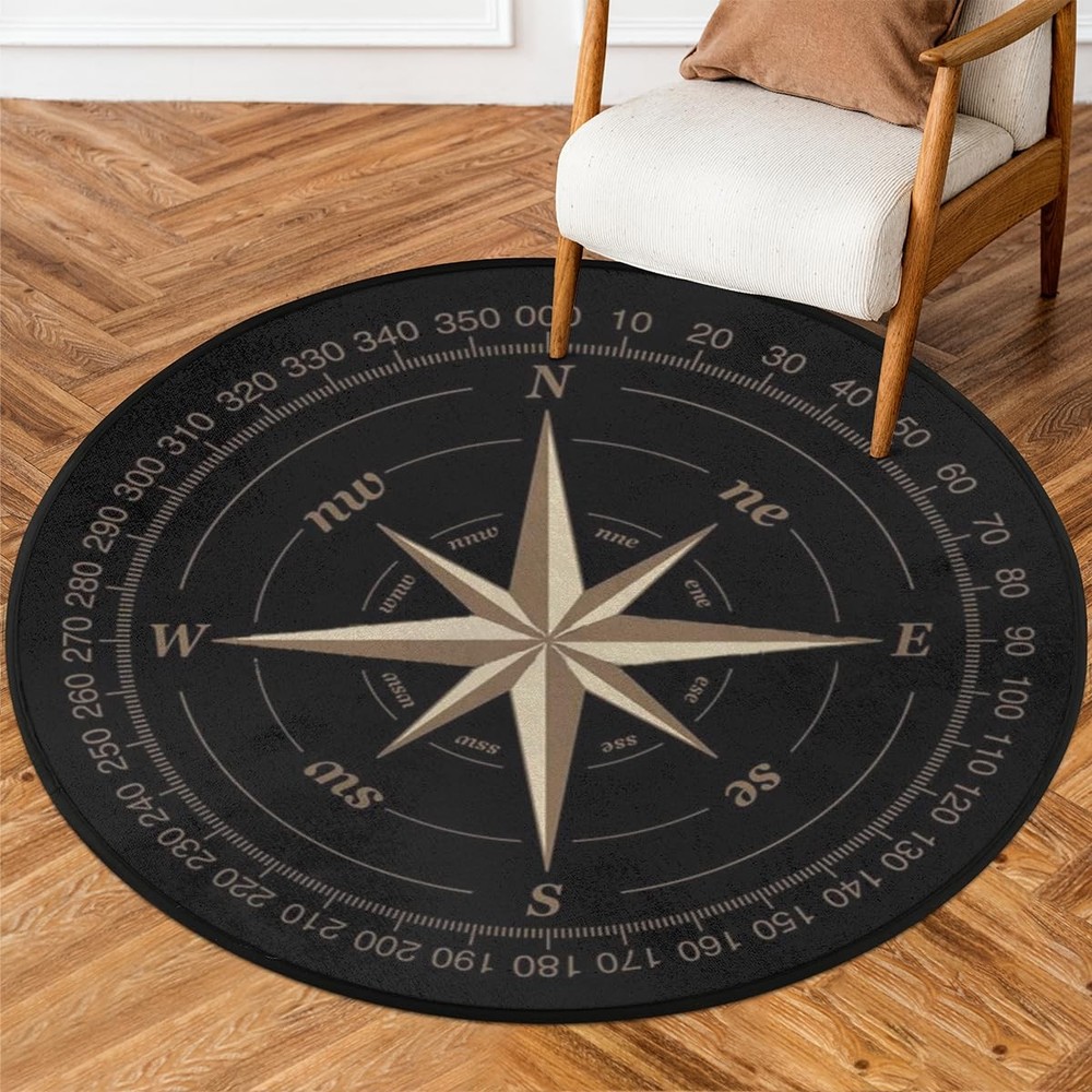 Compass Rose 3Ft Round Black Non-Slip Soft Washable Area Rug with Artwork Design