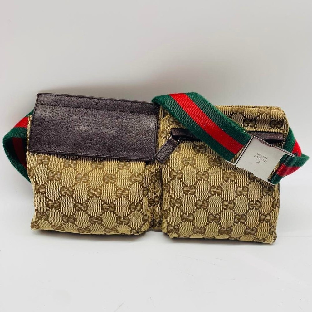 GUCCI GG Sherry Line Canvas Waist Pouch Shoulder Bag Beige Brown