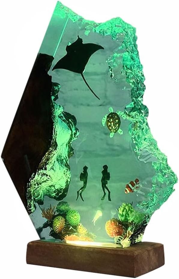 Handmade 3D Ocean Resin Lamp - USB Powered Resin Ocean Night Light with Wooden B