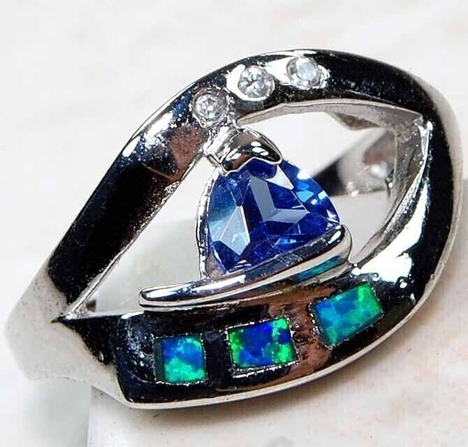 1CT Treated Sapphire & Australian Opal Inlay 925 Sterling Silver Ring Sz 8 DT2