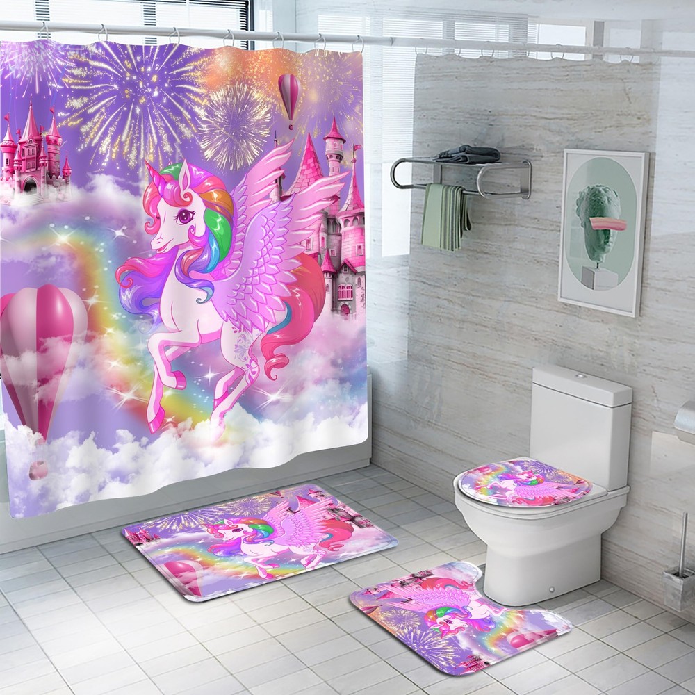 4Pcs Unicorn Shower Curtain Set with Memory Bath Mat, Non-Slip Bathroom Rugs ...