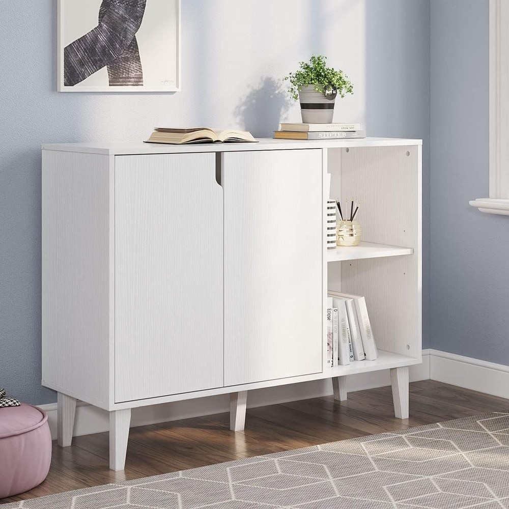 White Kitchen Buffet Cabinet with 2 Doors & 2 Shelves for Storage