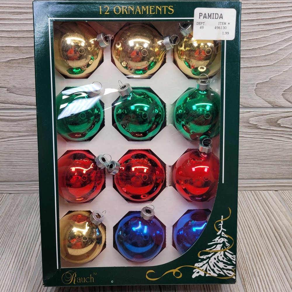 Rauch 12 Count Solid Shiny Glass Christmas Ornaments Red Green Blue Gold Vtg