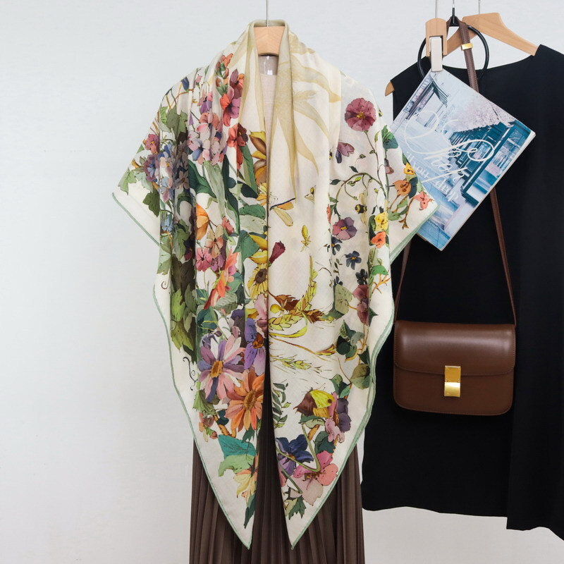 70% Cashmere 30% Silk Double-Faced Floral Print Shawl Wrap 53 Inches  