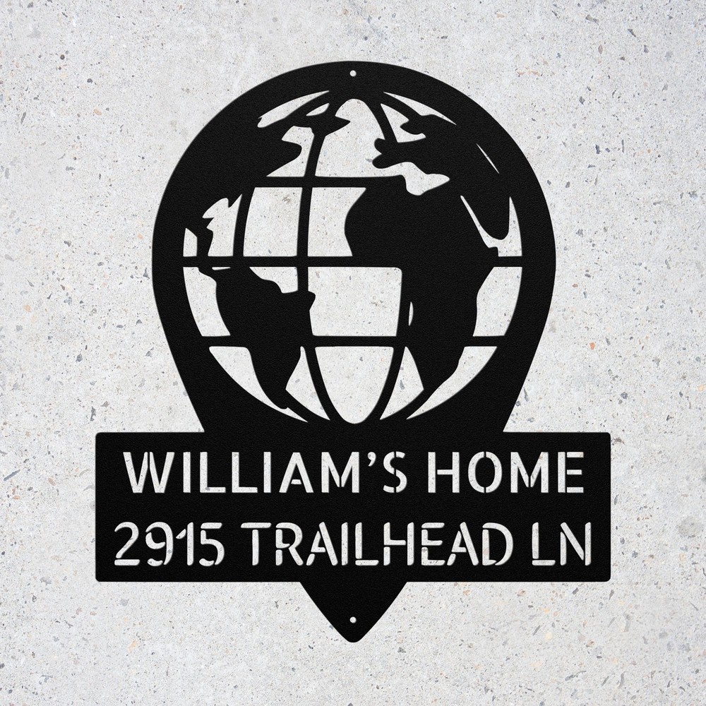 Custom World Map Metal Sign Personalized Address or Business Art Address Sign