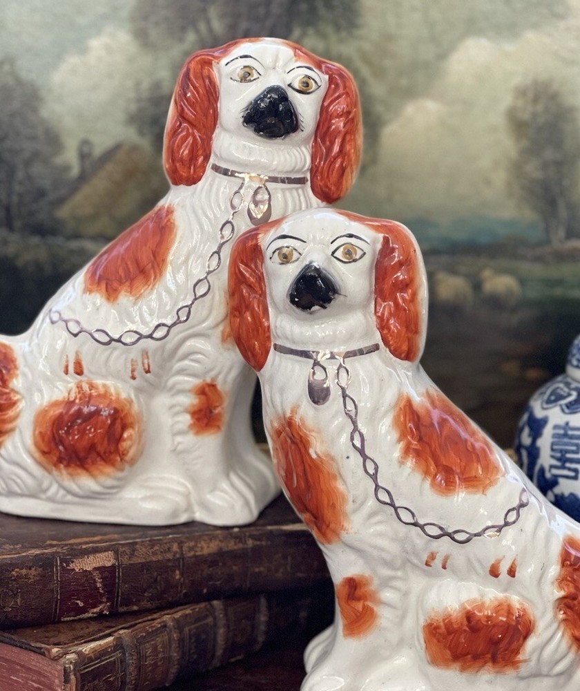🎄🎄🎄 Stunning Antique Russet English Staffordshire Spaniel Mantle Dog Pair 7”
