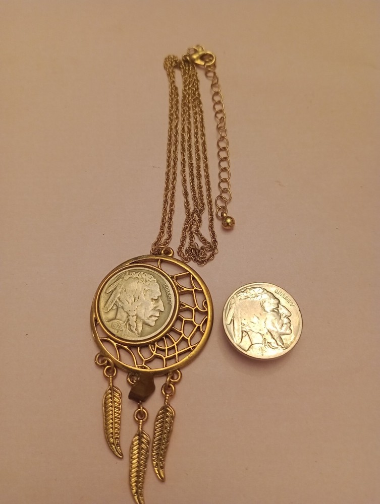 Buffalo Nickel Indian Head Pendant Chain Necklace & Button Cover Nickel 1928-29