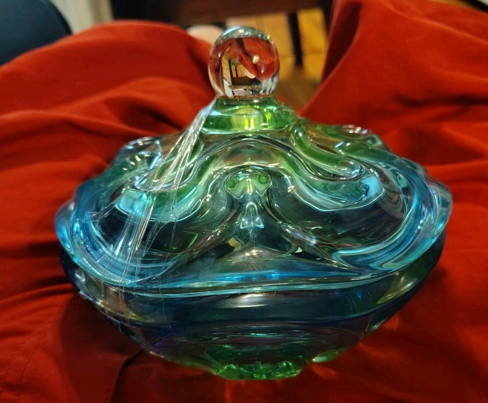 Vintage Blue Green Swirl Glass Lidded Compote Dish for Candy or Jewelry