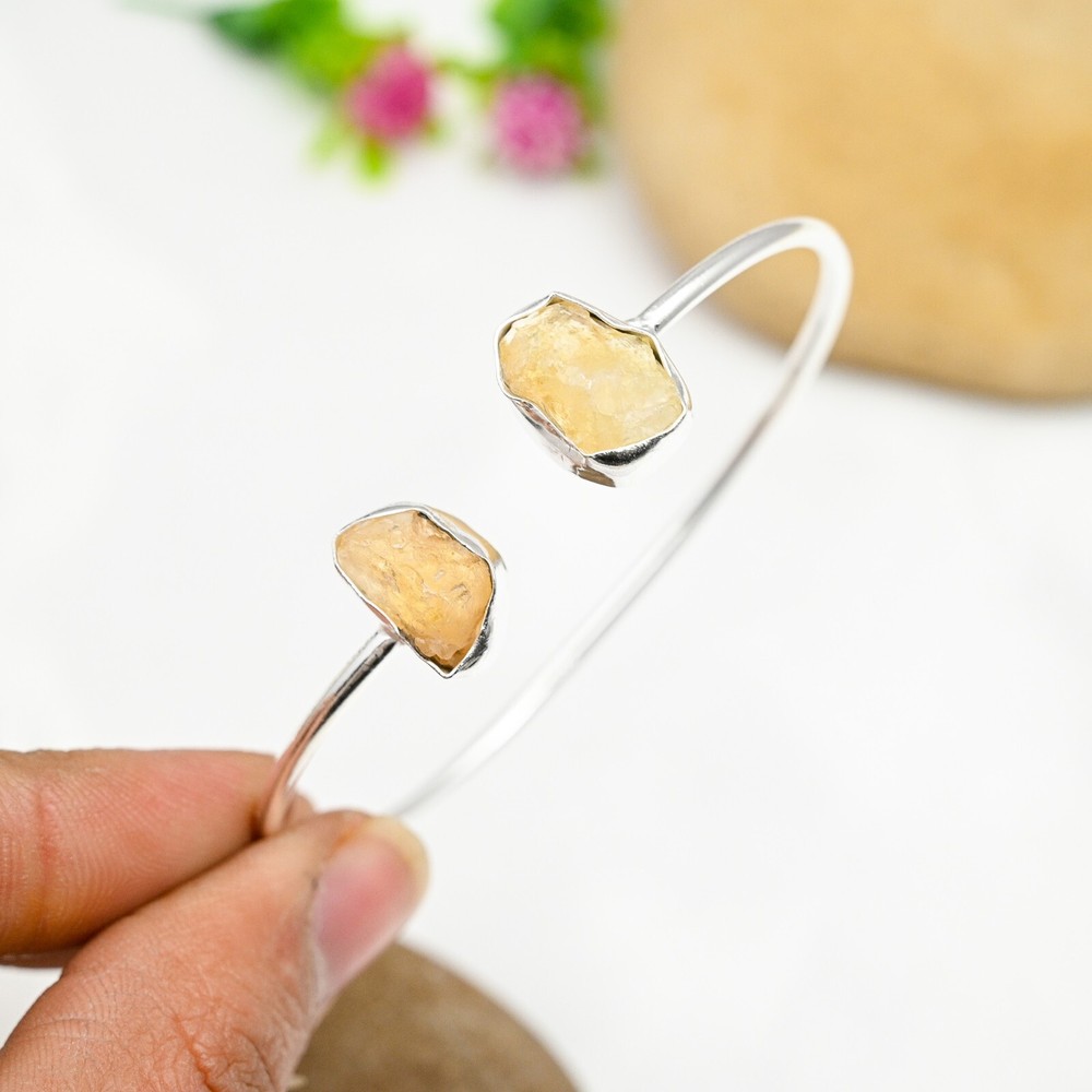 Natural Citrine Gemstone Sterling Silver Cuff Bangle Handmade Jewelry Gift for Women
