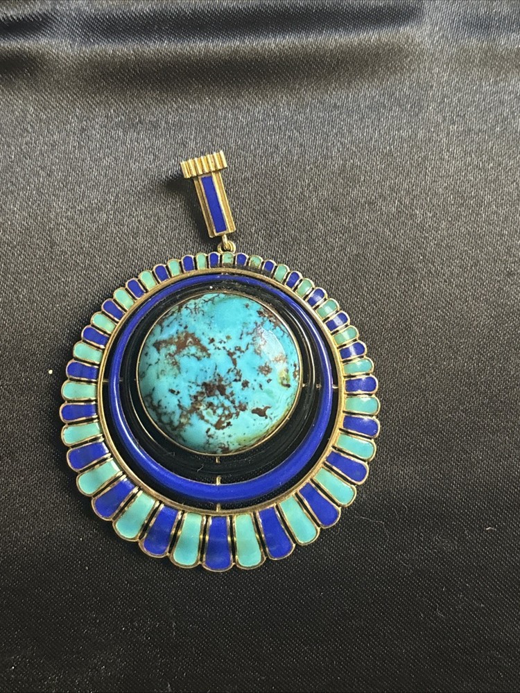 Heavy 18K Gold 750 Turquoise Enamel Pendant 33.75g Vintage Italian Modernist