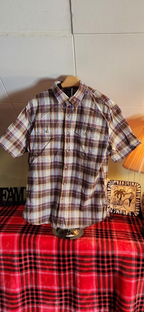 Eddie Bauer Red Plaid Classic Fit  Short Sleeve Button Down Large Size