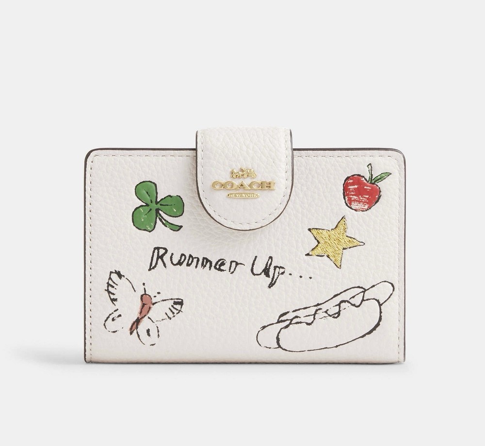 Coach Medium Corner Zip Wallet Gold Chalk Sketch Print CAO94 NWT