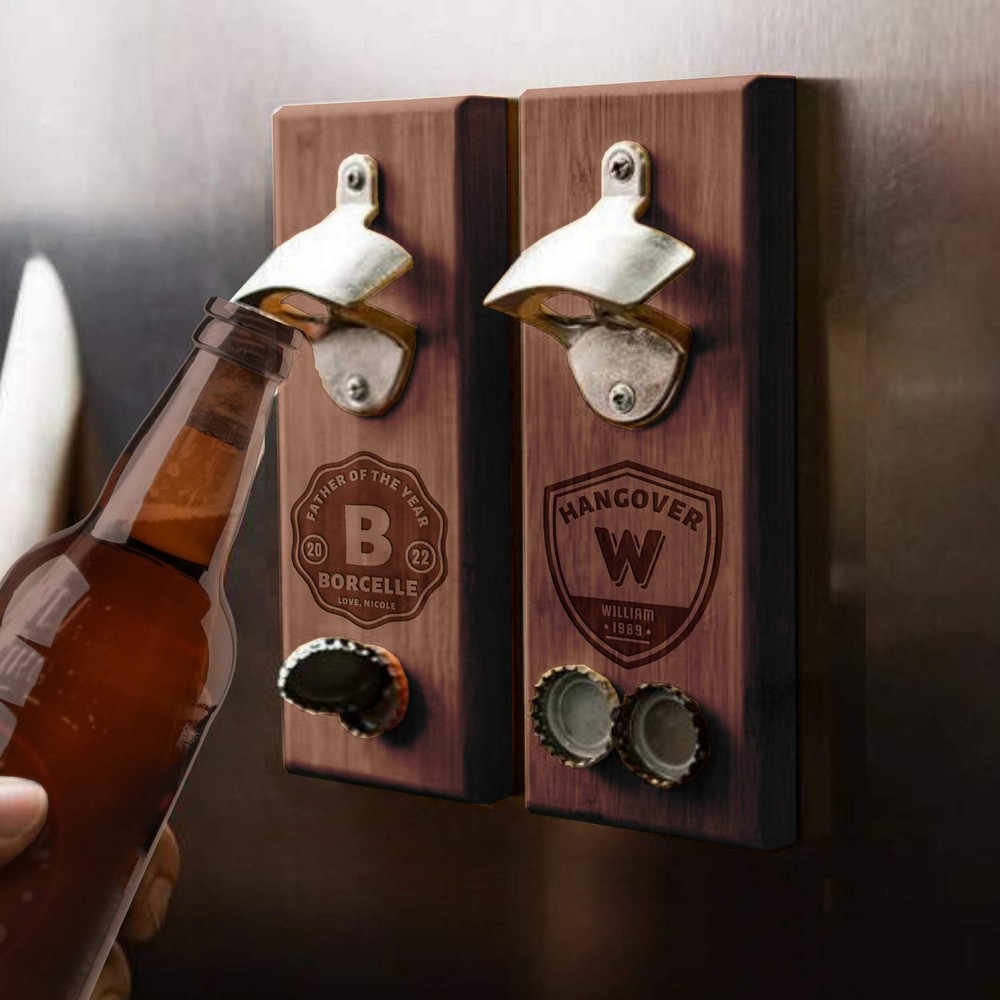 Personalised Wall Mounted Wooden Bottle Opener & Magnetic Cap Catcher