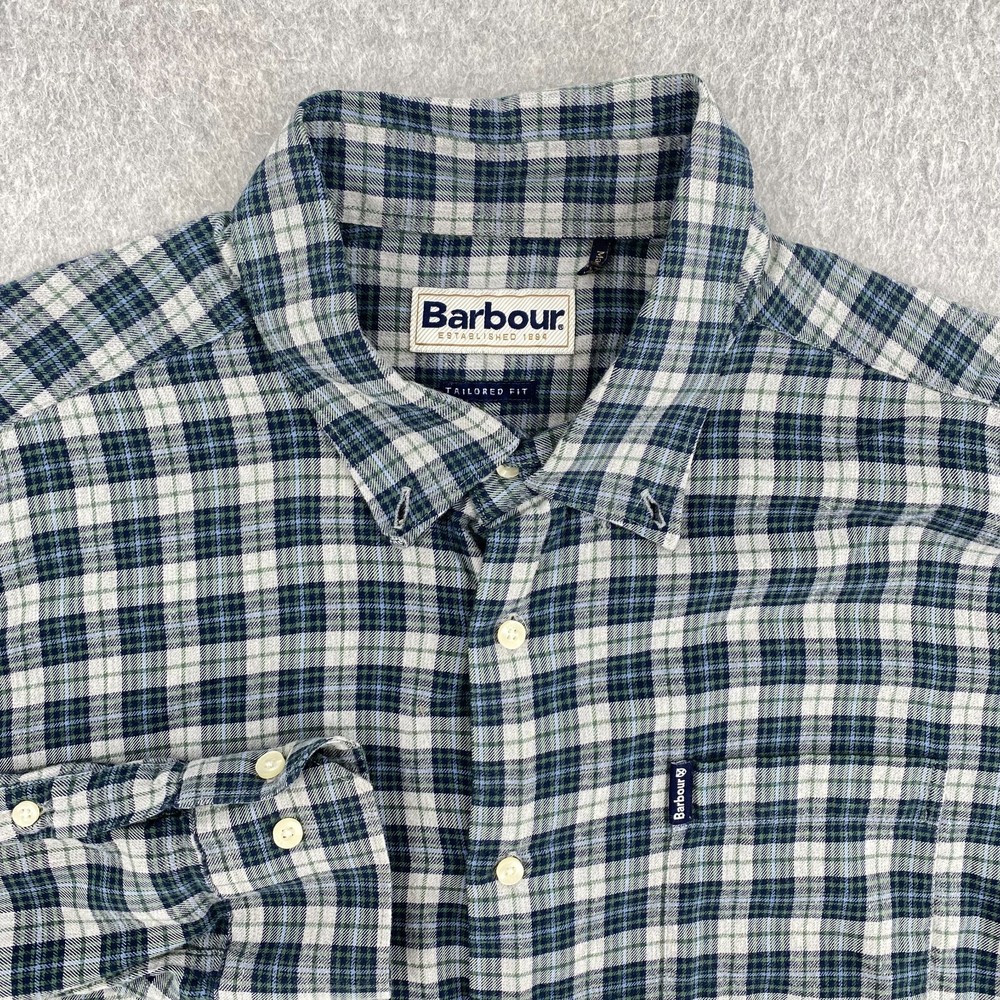 Barbour Shirt Men's Large Blue Green Plaid Soft Pocket Long Sleeve Button Down