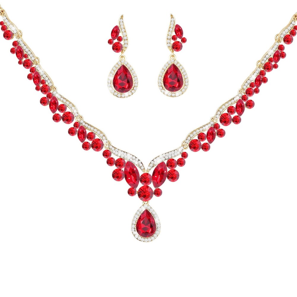 Gold Silver Red Emerald Pink Black Blue Necklace Earrings Jewelry Gifts Set f...