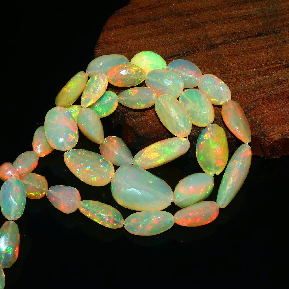 Natural Ethiopian Opal Necklace Smooth Oval Beads Fire Gemstone Jewelry 1045