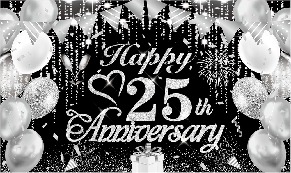 Black & Silver 25th Wedding Anniversary Decorations Banner Happy 25 Years