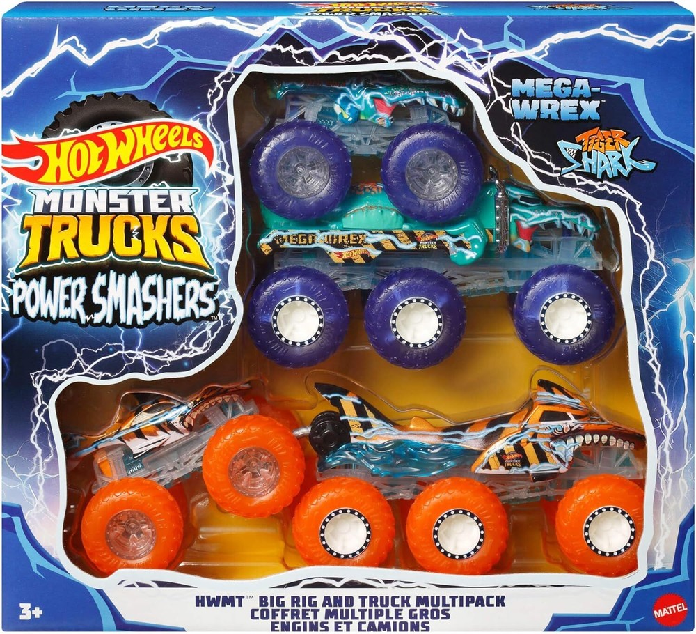 Hot Wheels Monster Trucks Power Smashers Tiger Shark Mega Wrex Big Rig Set