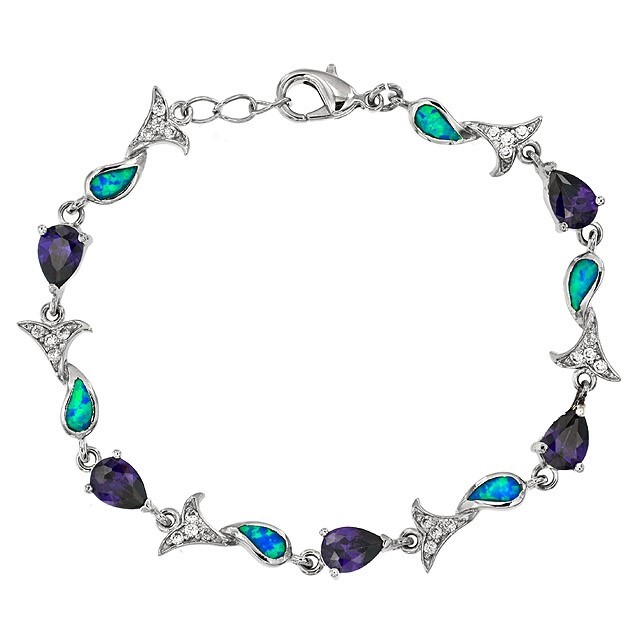 4CT Amethyst & Australian Opal Inlay 925 Sterling Silver Tennis Bracelet OB5