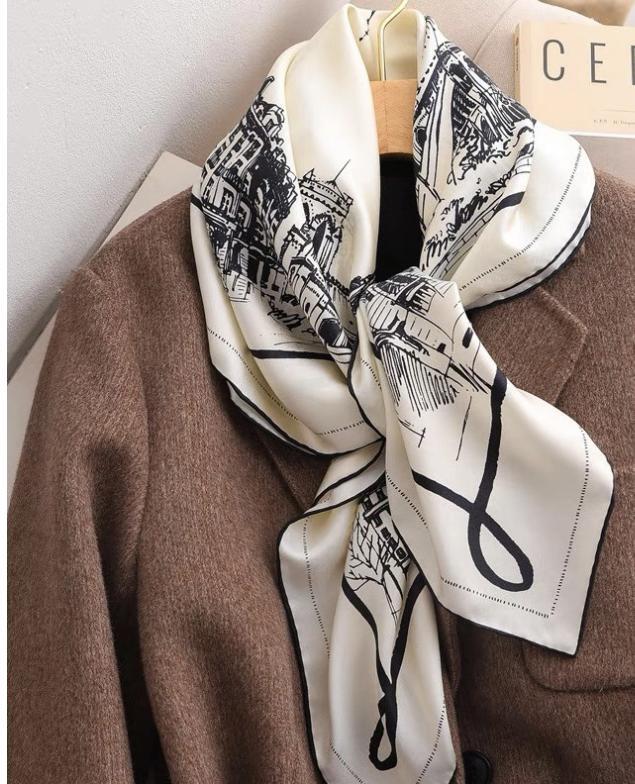 Pure 14 Momme Twill Silk Wrap Scarf Bandanna Paris map Print Square Shawl 35’’