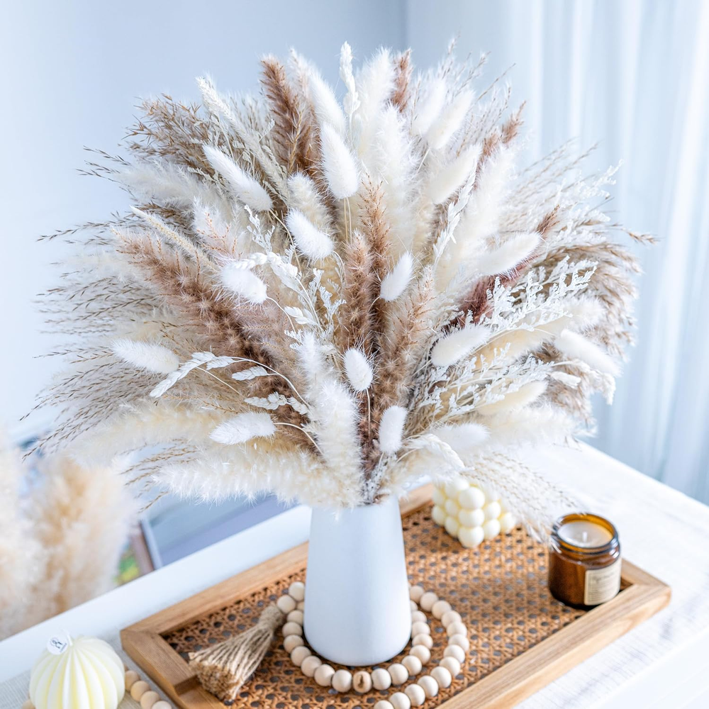 96PCS Natural Dried Pampas Grass Boho Home Decor Bouquet Phragmites Dried Flower