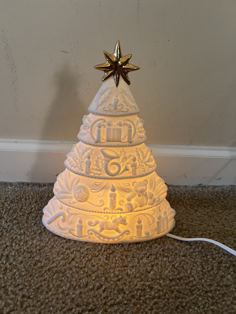 Vtg 1998 White Christmas Tree Night Light Nursery Gold Star Porcelain Bisque