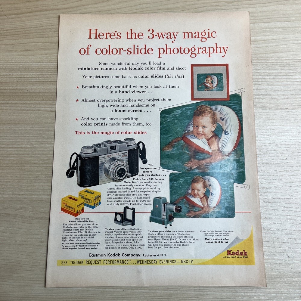 Kodak Pony 135 Camera Model B KodaChrome 1955 Vintage Print Ad Life Magazine