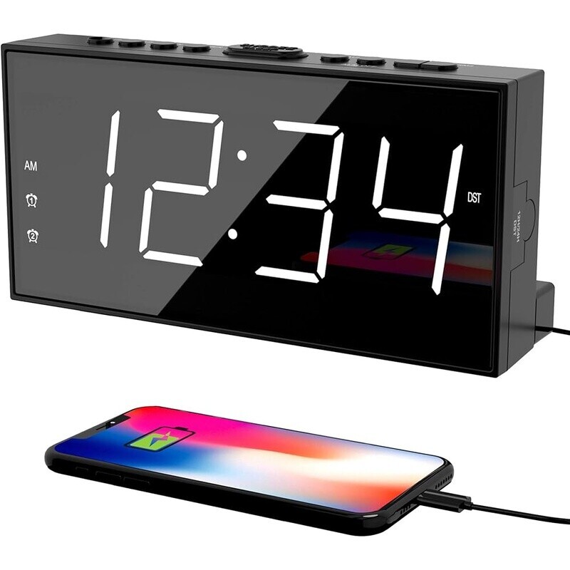 Dual Alarm Clock with LED Display USB Charger Dimmable Snooze Volume for Home Office