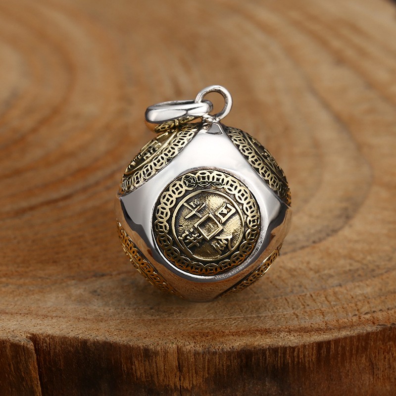 Rolling Wealth Ball Pendant, S925 Silver, Chinese Coin Feng Shui Fortune Amulet