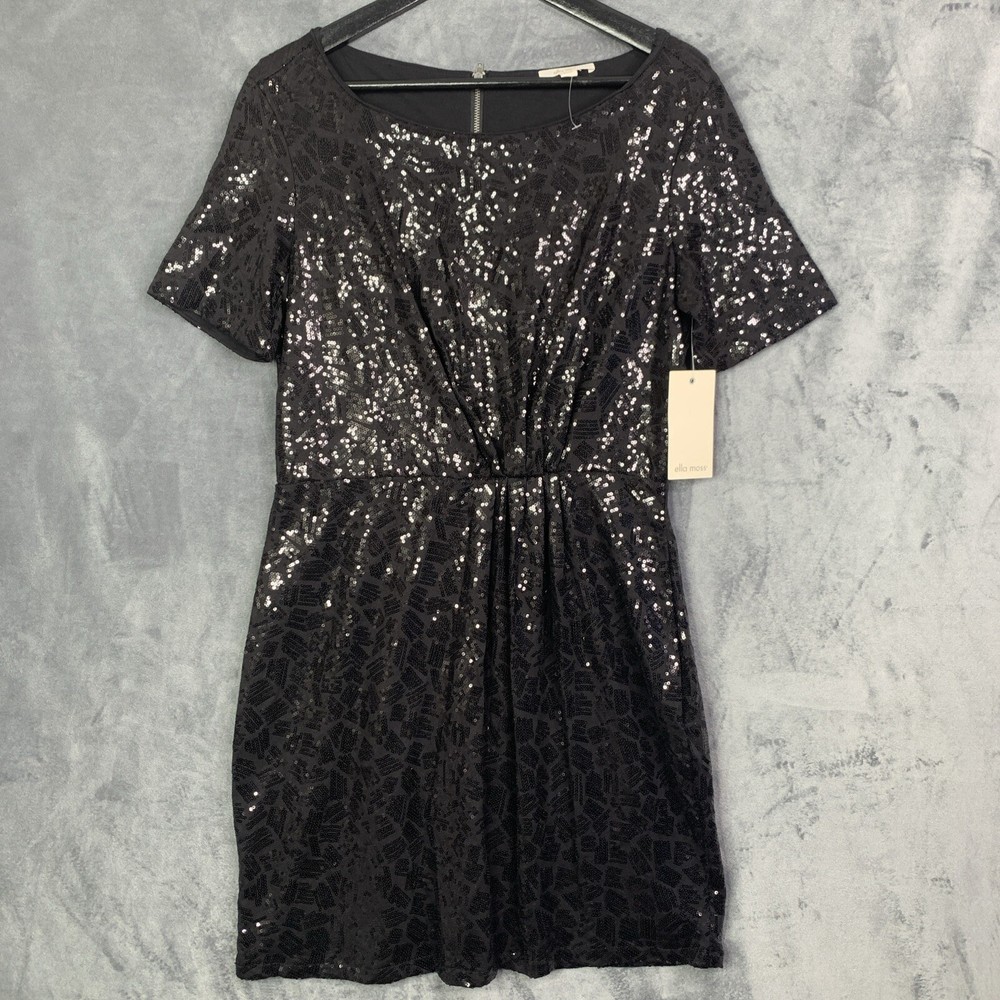 ELLA MOSS Anthropologie Womens Black Cocktail Dress Sequins Gathered Waist Sz L