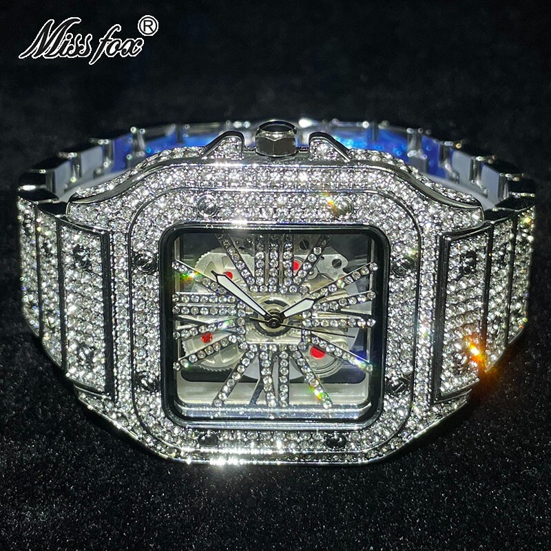 Luxury Hip Hop Iced Out Men's Watch Silver Skeleton Diamond Bling