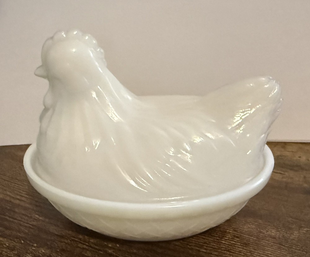 Vintage White Milk Glass Hen on Nest Dish Chicken in Basket 4.25
