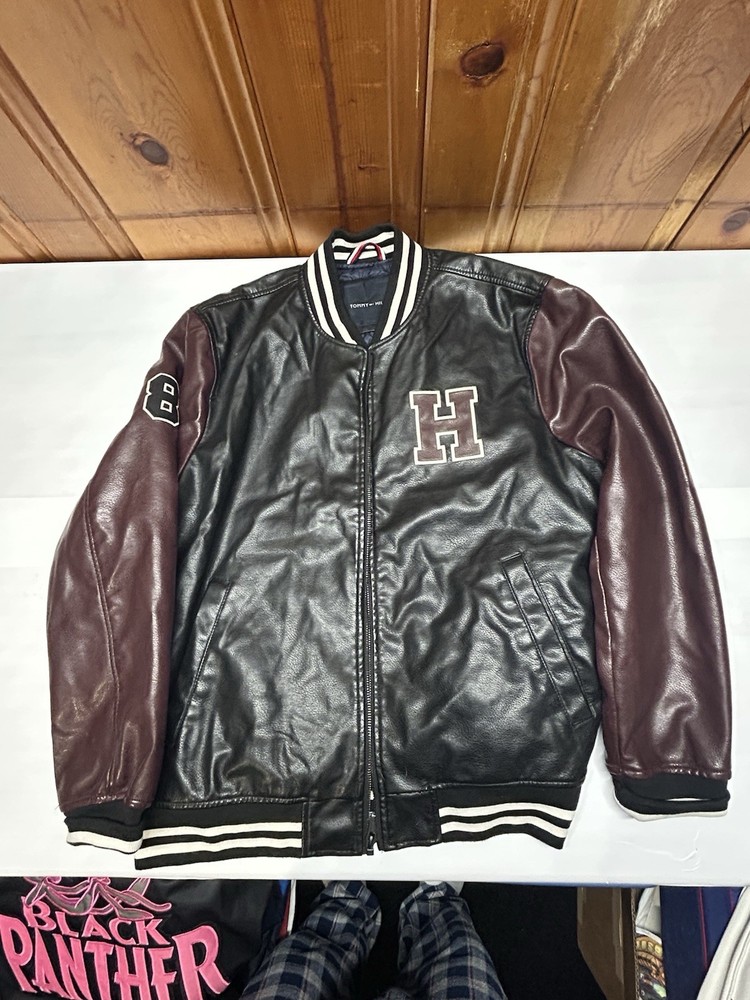 TOMMY HILFIGER Mens Varsity Logo Faux Leather Bomber Jacket 2XL
