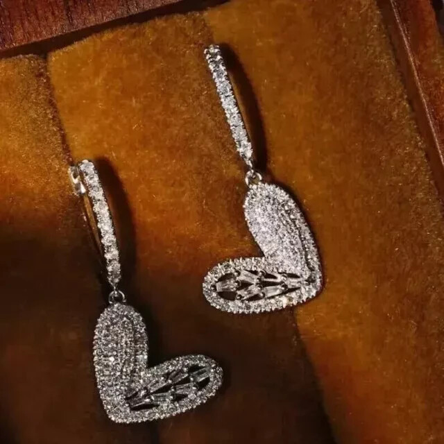 2Ct Baguette Moissanite Heart Drop Earrings in 14k White Gold