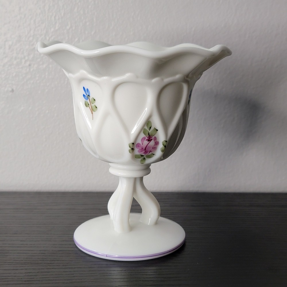 Westmoreland Milk Glass Candy Dish with Hand-Painted Roses Floral Decor  