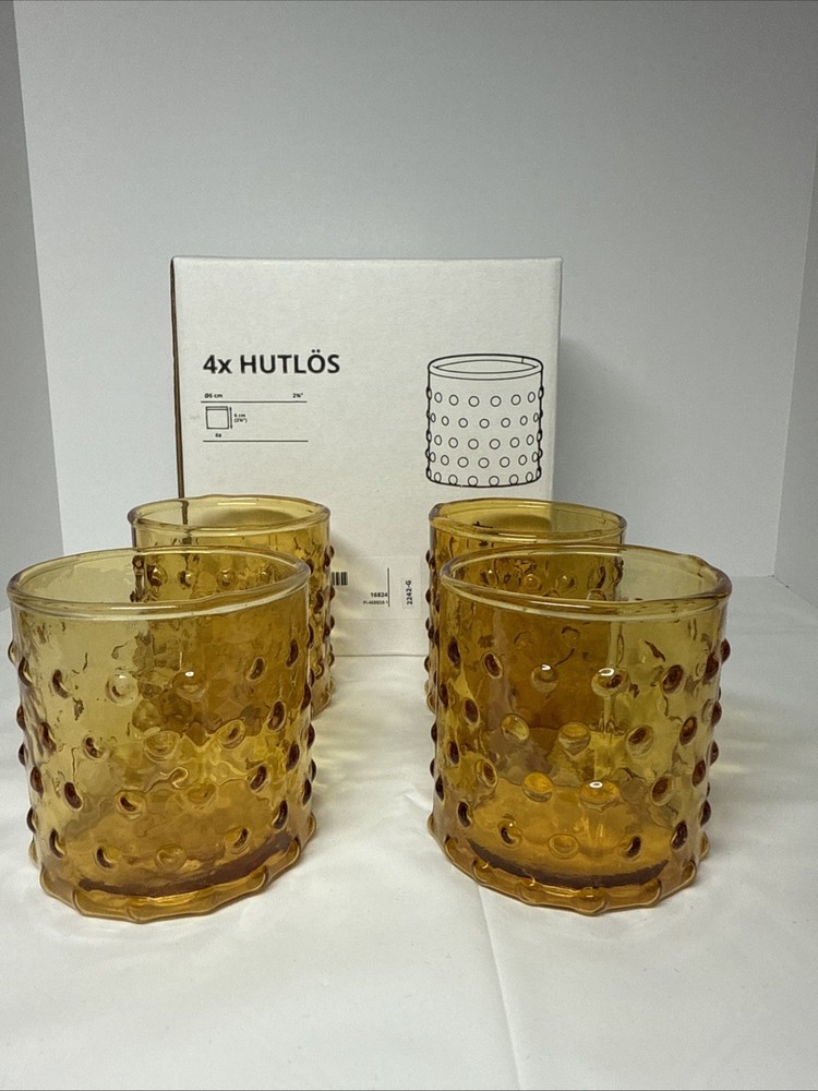 IKEA HUTLOS Set of 4 Amber Glass Hobnail Votive Candle Holders 2.5 Inch NOB