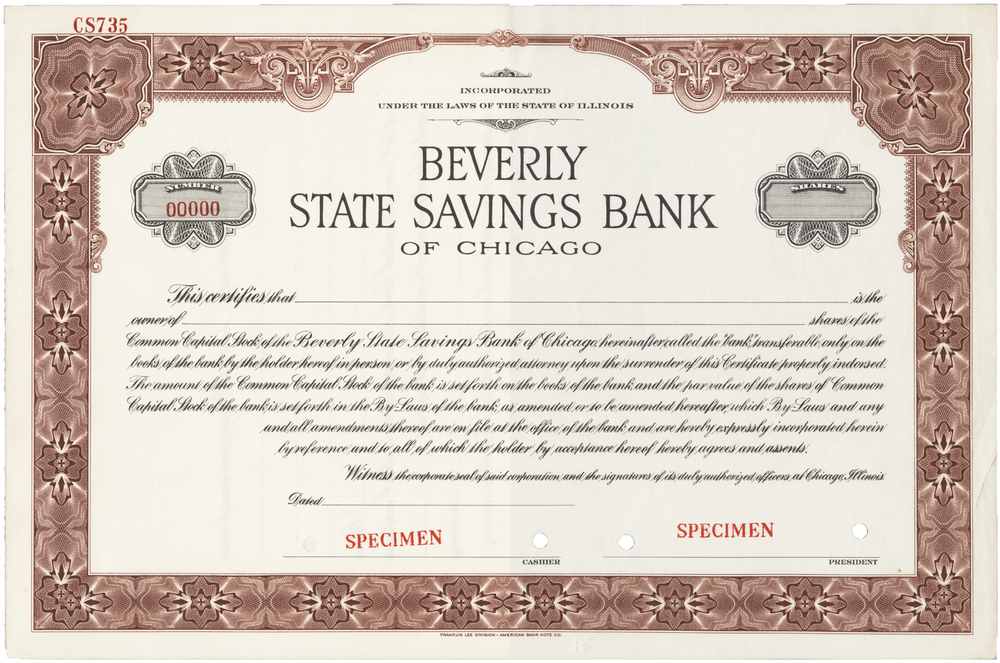 Beverly State Savings Bank of Chicago. Stock Certificate.