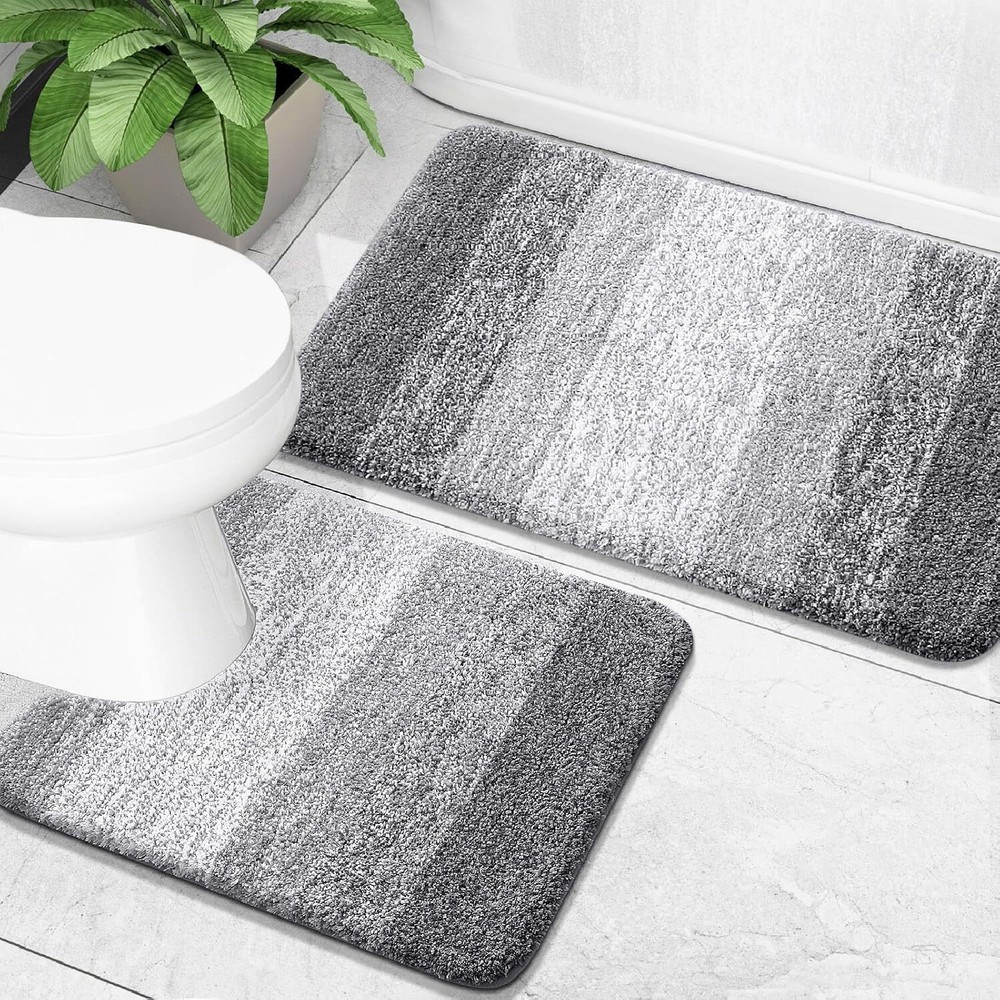 Gray Bathroom Rug Set - 2-Piece Fine Fiber Mat & U-Shape Toilet Mat