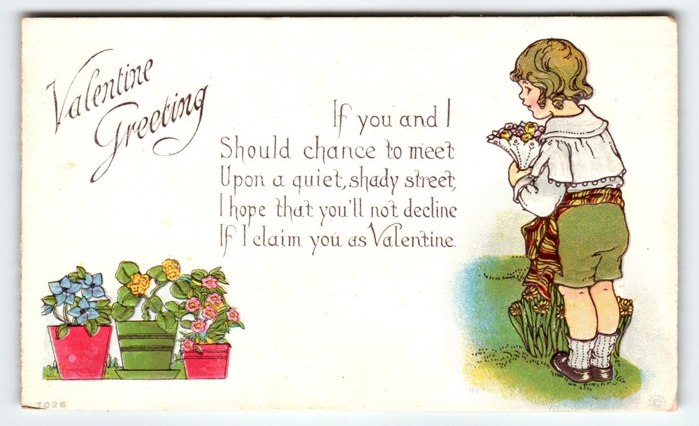 Valentines Day Postcard Man Child Flower Pots Vintage Embossed Greetings Antique