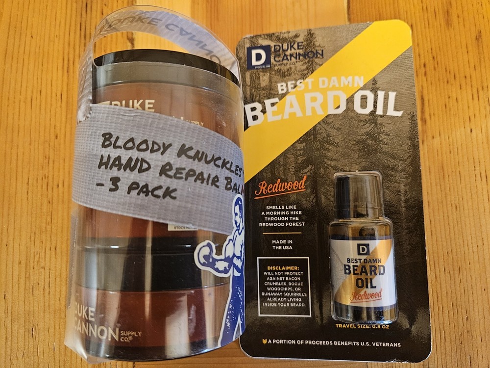 Duke Cannon 3 Pc BLOODY KNUCKLES HAND REPAIR BALM/REDWOOD BEARD OIL Travel Size!