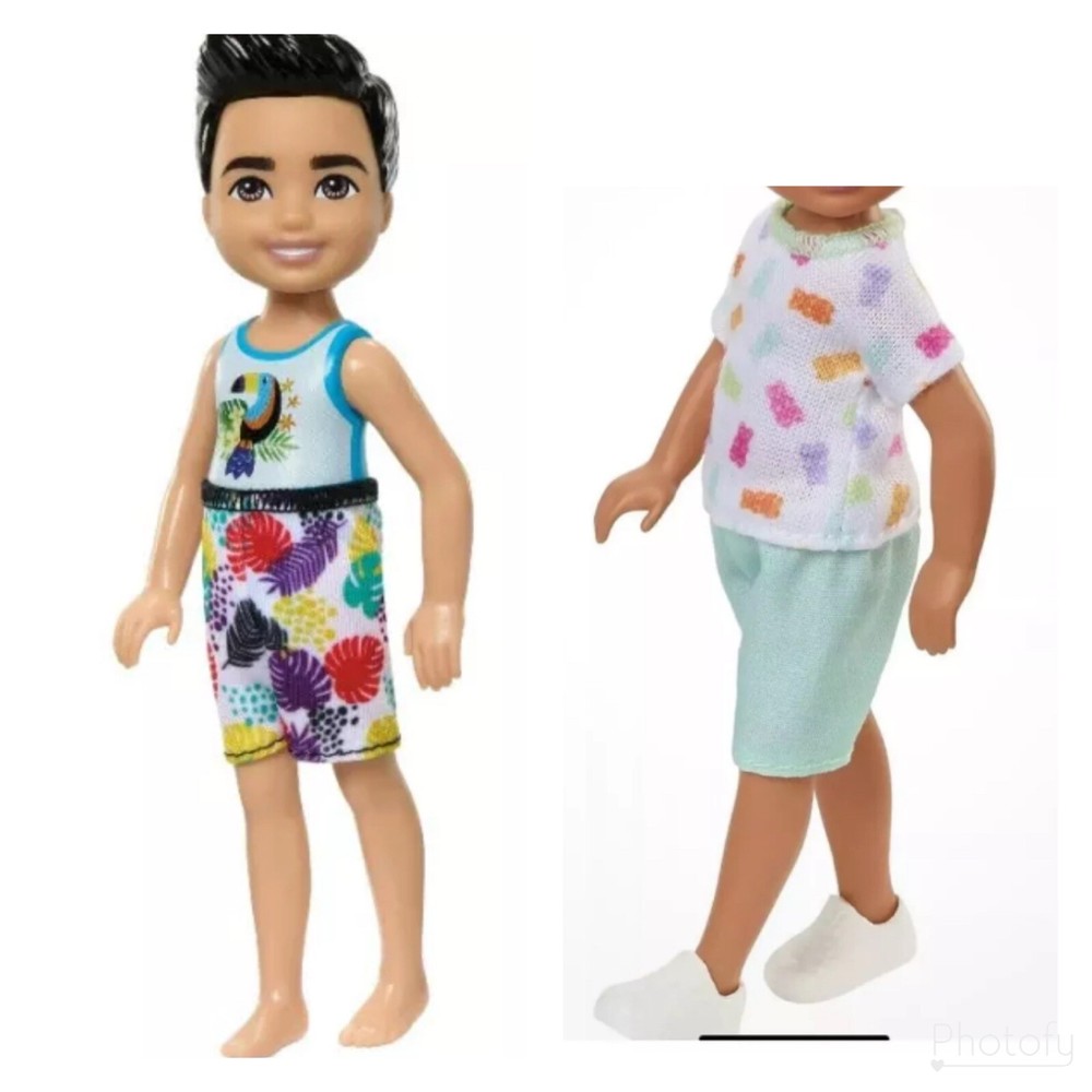 Barbie Club Chelsea Boy Doll Toucan Floral Swim Trunks HTK26 & Gummy Bear Outfit