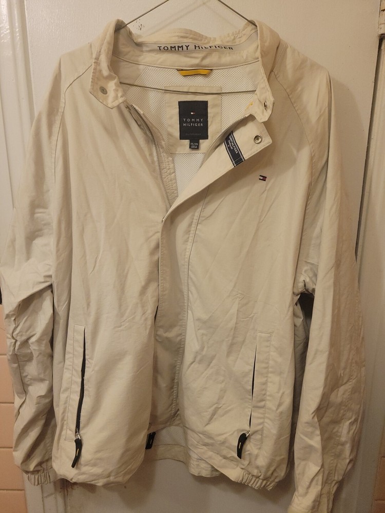 VTG Tommy Hilfiger Beige Bomber Jacket Mens XL Full Zip Harrington 2000s