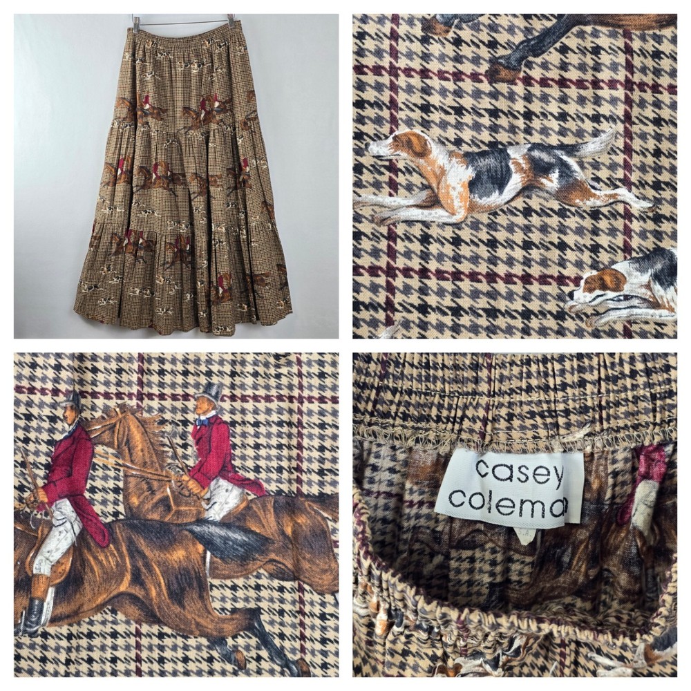 Vtg Casey Coleman Equestrian Horse Houndstooth Tiered Midi Skirt Sz L Full Swing