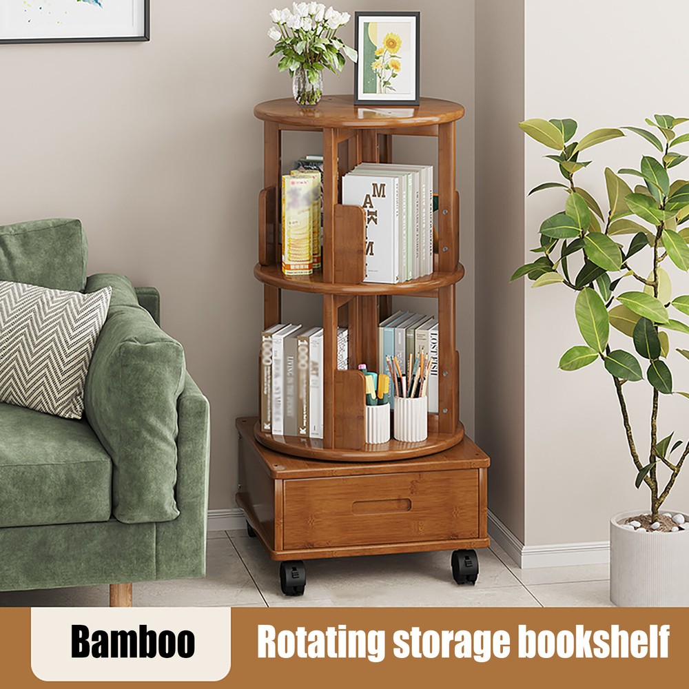 Multi Storage Table, Side Table with Rolling Wheels, Removable Swivel Bookcase
