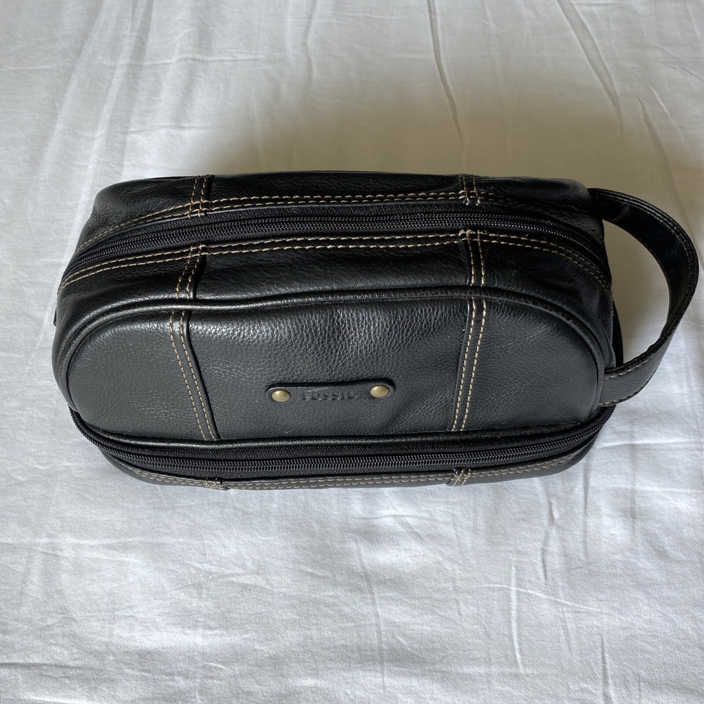 Fossil Pebbled Leather Dopp Kit Toiletries Bag Travel Black 4 Pockets