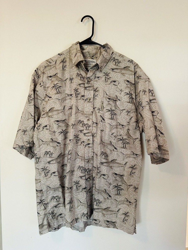Columbia Men's Camp Aloha Hawaiian Shirt with Sharks, Sunglasses & Martini Palm Print