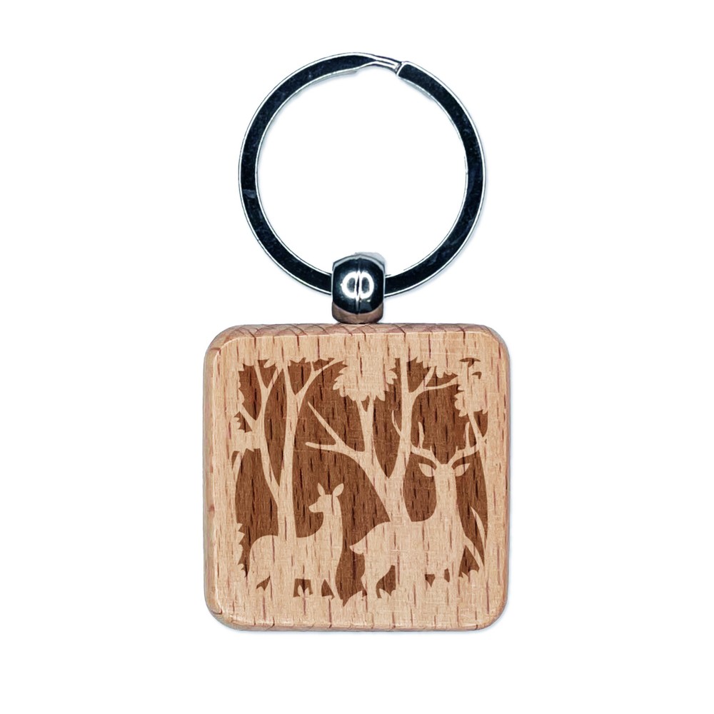 Par de Silueta de Ciervo en Bosque Grabado Madera Cuadrado Llavero Etiqueta Dije